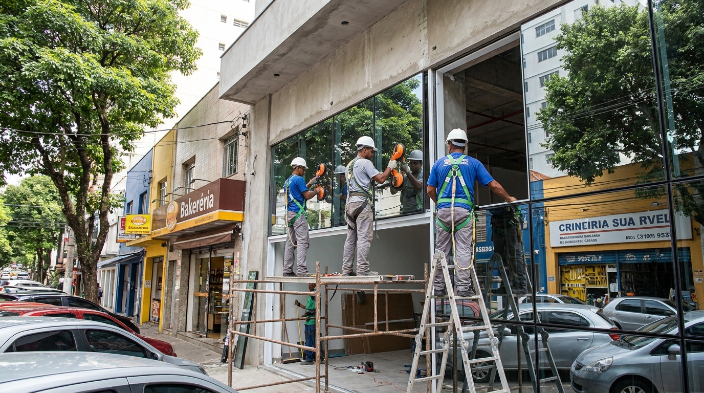 Fachada de vidro com confeitaria vizinha em Volta Redonda-RJ