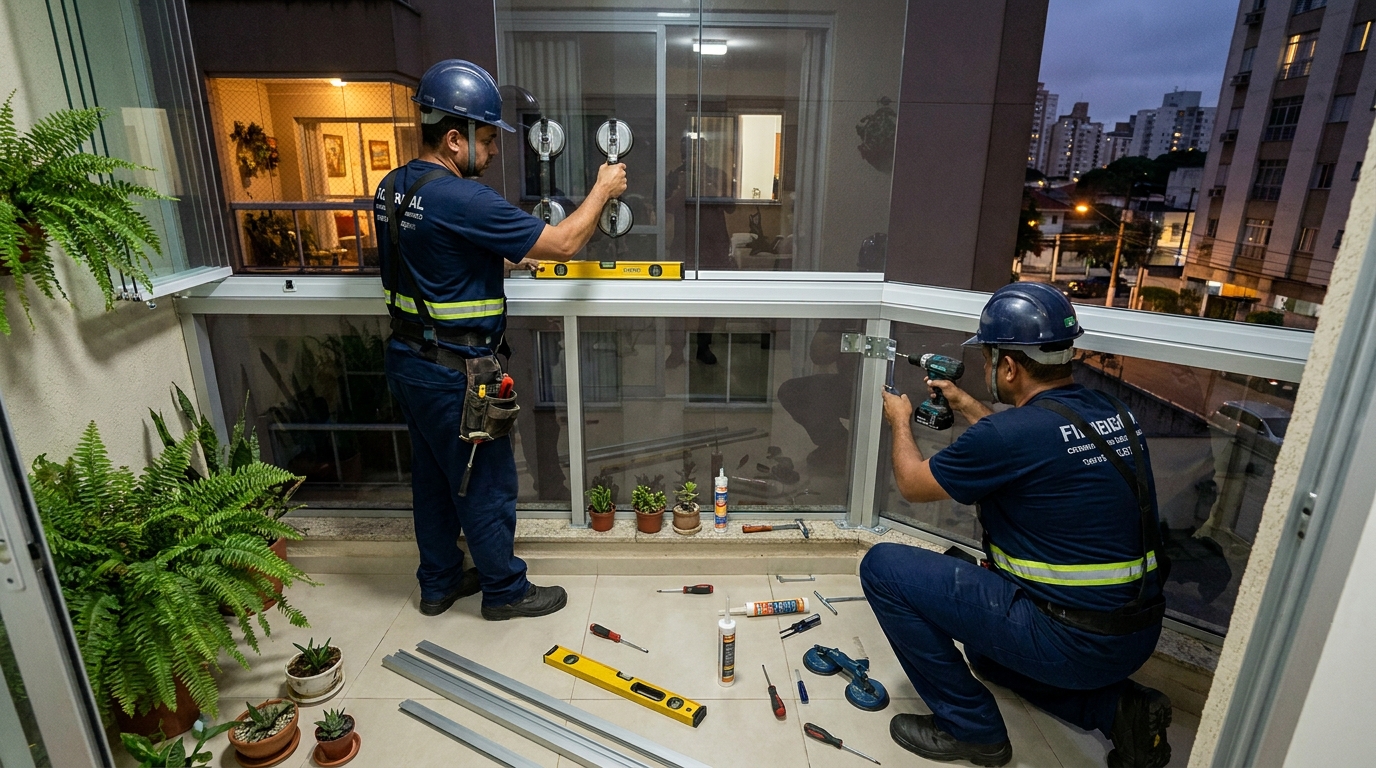 Instalação noturna de parede de vidro em Volta Redonda-RJ