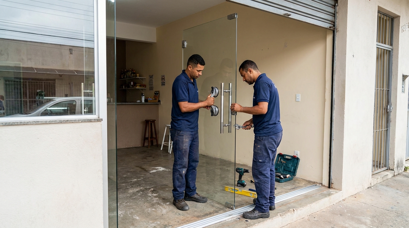 Dupla instalando porta de vidro em loja em Volta Redonda-RJ